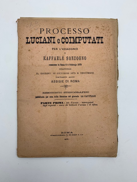Processo Luciani e coimputati per l'assassinio di Raffaele Sonzogno commesso in Roma il 6 febbrajo 1875...Resoconto stenografico. Parte prima